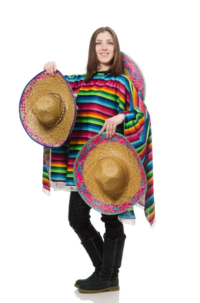 Csinos mexikói lány élénk poncho elszigetelt fehér — Stock Fotó