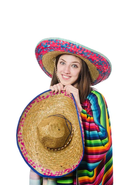 美しいですメキシコの女の子で鮮やかなponcho絶縁上の白 — ストック写真