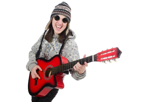 Gitarı elinde tutan iyimser genç kız beyazlar içinde soyutlanmış. — Stok fotoğraf