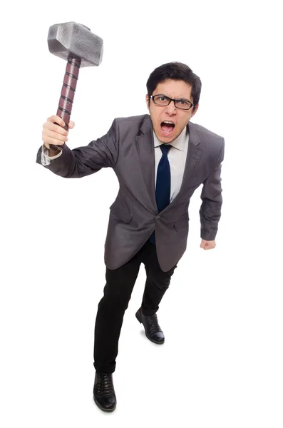 Business man holding hammer isolated on white — Stock Photo, Image