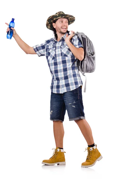 Young traveler with rucksack isolated on white — Stock Photo, Image