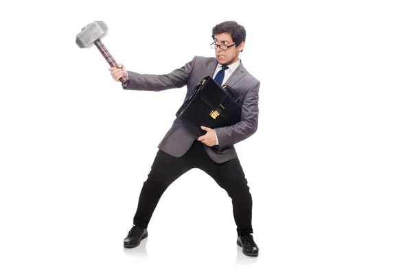 Business man holding hammer isolated on white — Stock Photo, Image