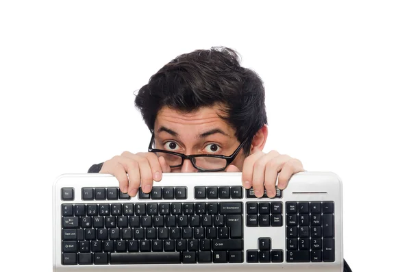 Jovem funcionário com teclado isolado em branco — Fotografia de Stock