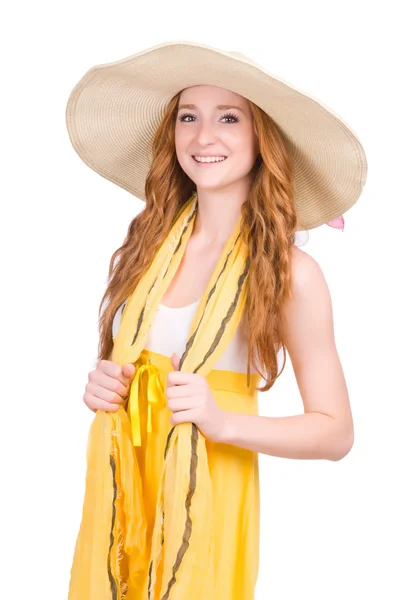 Young woman in yellow summer dress isolated on white — Stock Photo, Image