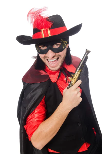 Giovane in cappotto di carnevale con pistola isolata su bianco — Foto Stock