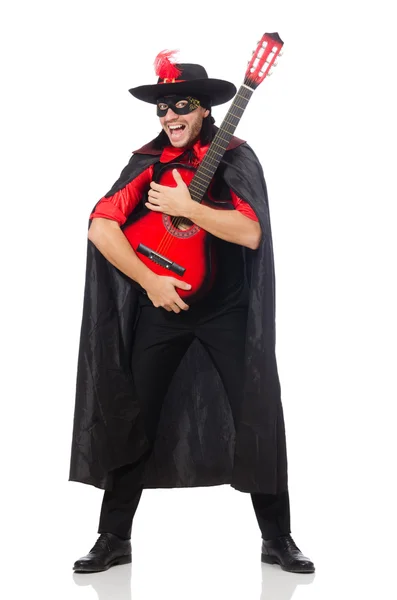 Joven con abrigo de carnaval con guitarra aislada en blanco —  Fotos de Stock