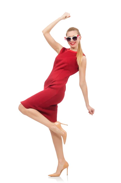 Mooie jonge vrouw in rode jurk geïsoleerd op wit — Stockfoto