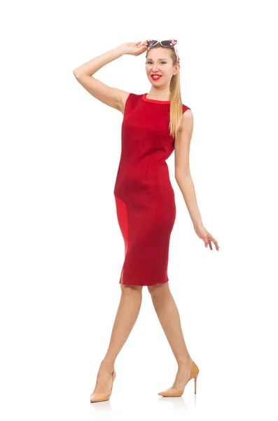 Pretty young woman in red dress isolated on white — Stock Photo, Image