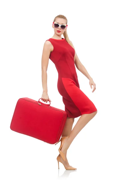 Mulher bonita em vestido vermelho isolado no branco — Fotografia de Stock