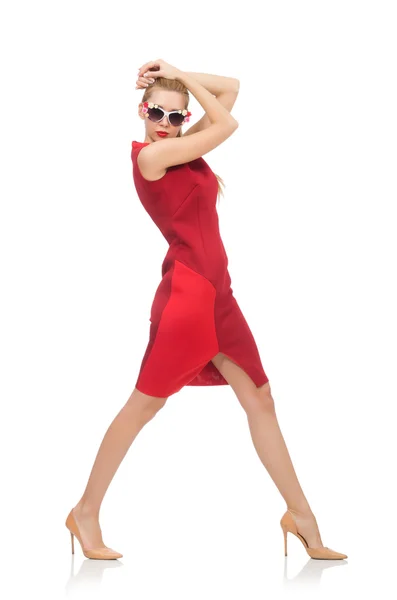 Ganska ung kvinna i röd klänning isolerad på vit — Stockfoto