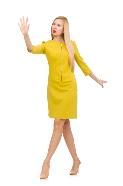 Pretty girl in yellow dress isolated on white — Stock Photo, Image