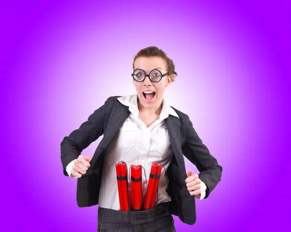 Businesswoman with dynamite against the gradient — Stock Photo, Image