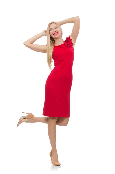 Blond woman in scarlet dress isolated on white — Stock Photo, Image