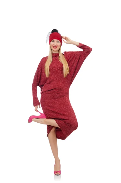 Mulher bonita em vestido de rubi isolado em branco — Fotografia de Stock