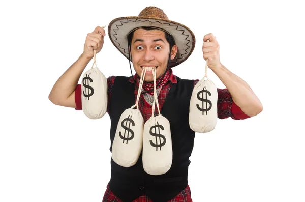 Young cowboy with money bags isolated on white — Stock Photo, Image