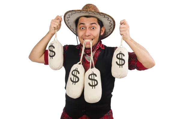 Jeune cow-boy avec des sacs d'argent isolés sur blanc — Photo