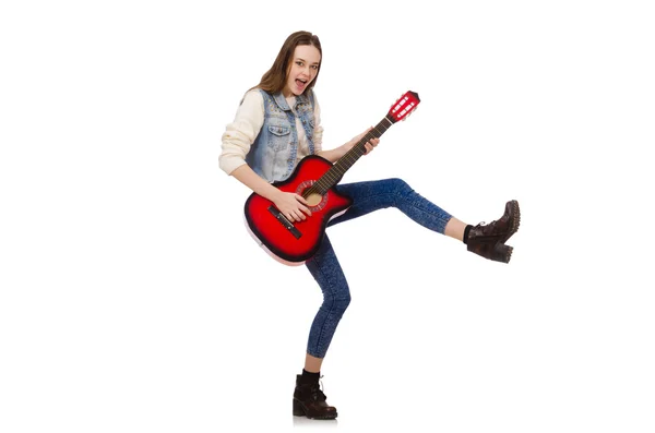 Menina sorrindo jovem com guitarra isolada no branco — Fotografia de Stock