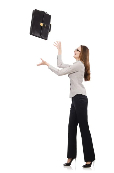 Geschäftsfrau mit Tasche isoliert auf weiß — Stockfoto