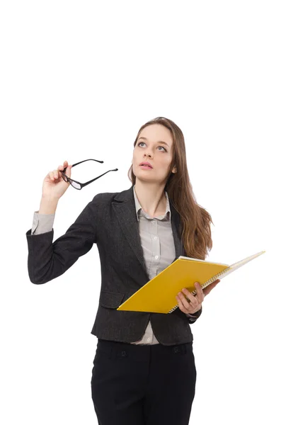 Signora di lavoro con carta isolata su bianco — Foto Stock