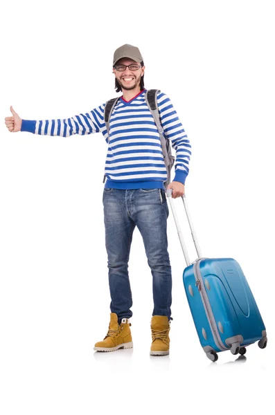 Un turista con bolsas aisladas en blanco — Foto de Stock