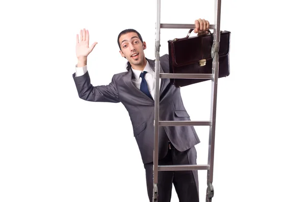 Geschäftsmann klettert isoliert auf weiße Leiter — Stockfoto