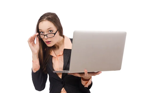 Senhora de trabalho com laptop isolado no branco — Fotografia de Stock