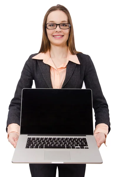 带着笔记本电脑隔离在白色电脑上的职业女性 — 图库照片