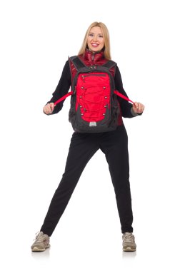 Sırt çantalı genç bir kız öğrenci beyaza izole edilmiş.