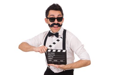 Bıyıklı genç adam beyaz izole Klaket ile