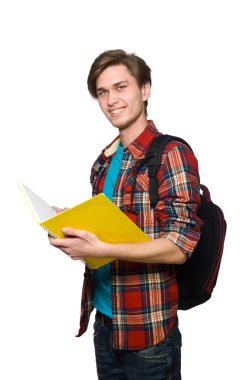 Kitapları beyaza saklanmış komik bir öğrenci.