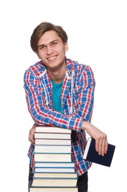 Kitapları beyaza saklanmış komik bir öğrenci.