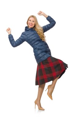 Beyaz ceketli, mavi ceketli, güzel bir kadın.