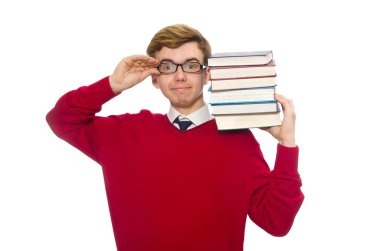 Üniversite öğrencisi üzerinde beyaz izole kitap ile