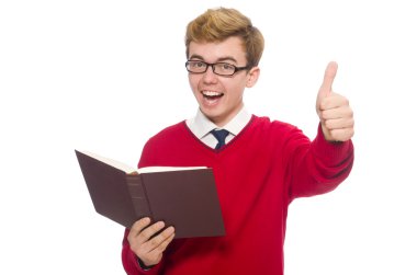 Üniversite öğrencisi üzerinde beyaz izole kitap ile