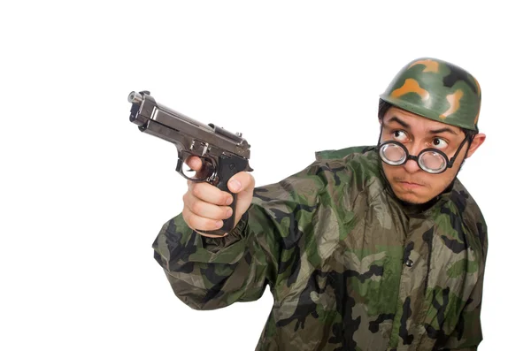 Militar com uma arma isolada no branco — Fotografia de Stock