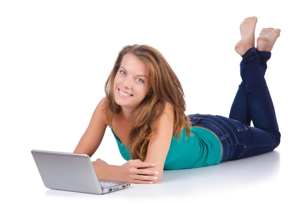 Pretty girl using laptop isolated on white — Stock Photo, Image