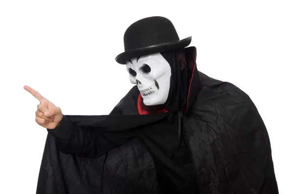 Uomo in costume horror con maschera isolata su bianco — Foto Stock