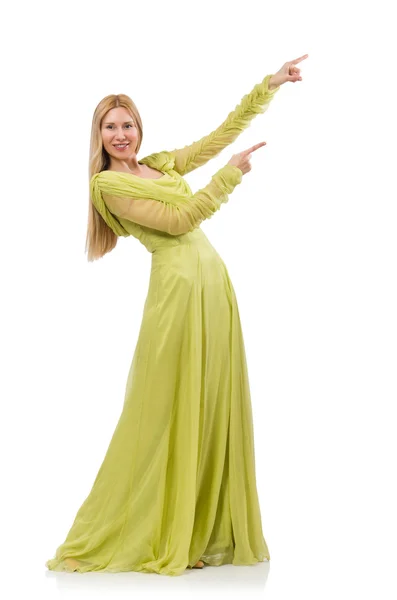 美しいです女の子でエレガントな緑のドレス絶縁上の白 — ストック写真