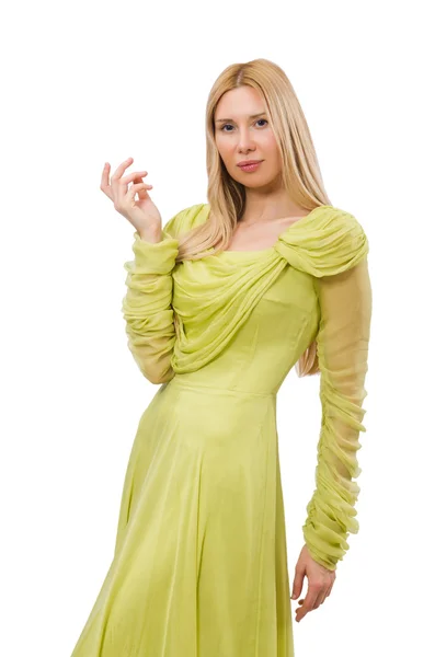 Όμορφο κορίτσι σε κομψό πράσινο φόρεμα απομονώνονται σε λευκό — Φωτογραφία Αρχείου