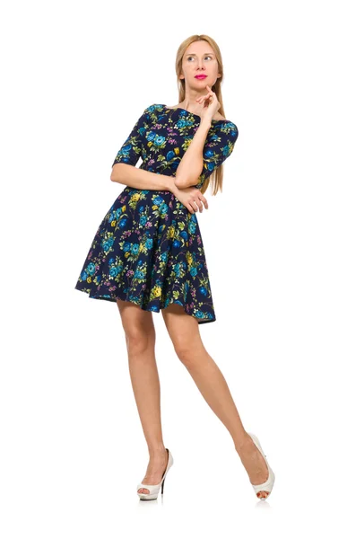 Woman in dark blue floral dress isolated on white — Stock Photo, Image