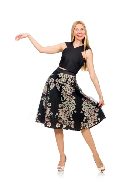 Woman in floral dark skirt isolated on white — Stock Photo, Image