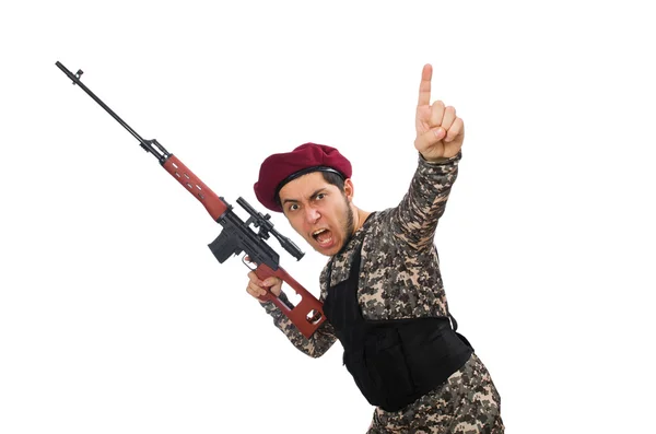 Soldat mit Waffe auf weißem Hintergrund — Stockfoto