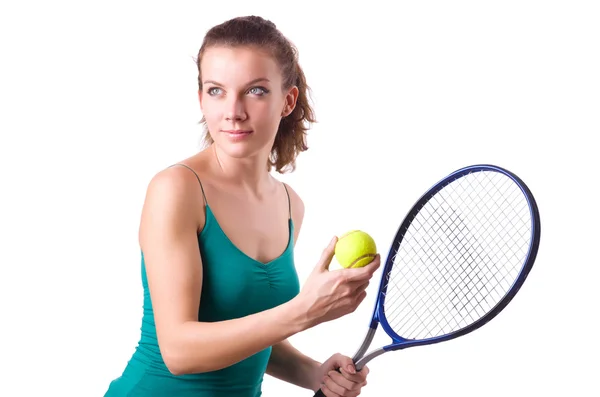 Vrouw tennisser geïsoleerd op wit — Stockfoto