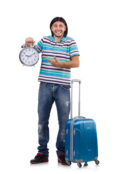 Νεαρός άνδρας με βαλίτσα απομονωμένη σε λευκό — Φωτογραφία Αρχείου