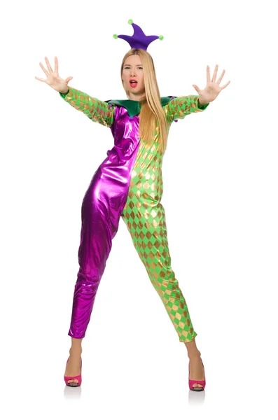 Woman wearing clown costume isolated on white — Stock Photo, Image