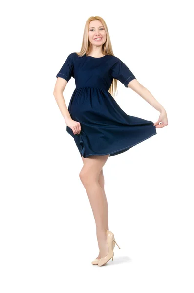 Vackra gravid kvinna i blå klänning isolerad på vit — Stockfoto