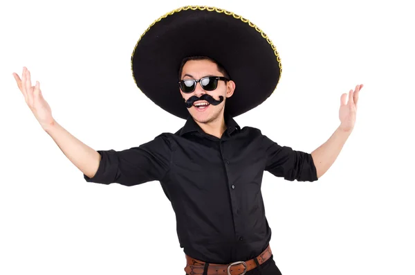 Homem engraçado usando chapéu sombrero mexicano isolado em branco — Fotografia de Stock