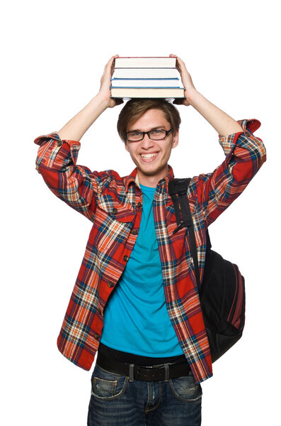 Смешной студент с книгами, изолированными на белом