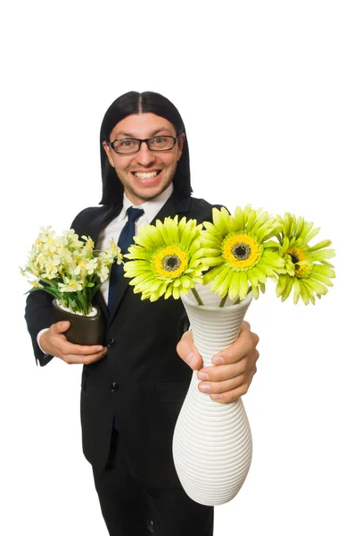 Красивый бизнесмен с цветочным горшком изолирован на белом — стоковое фото