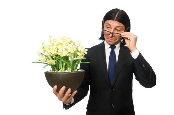 Красивый бизнесмен с цветочным горшком изолирован на белом — стоковое фото